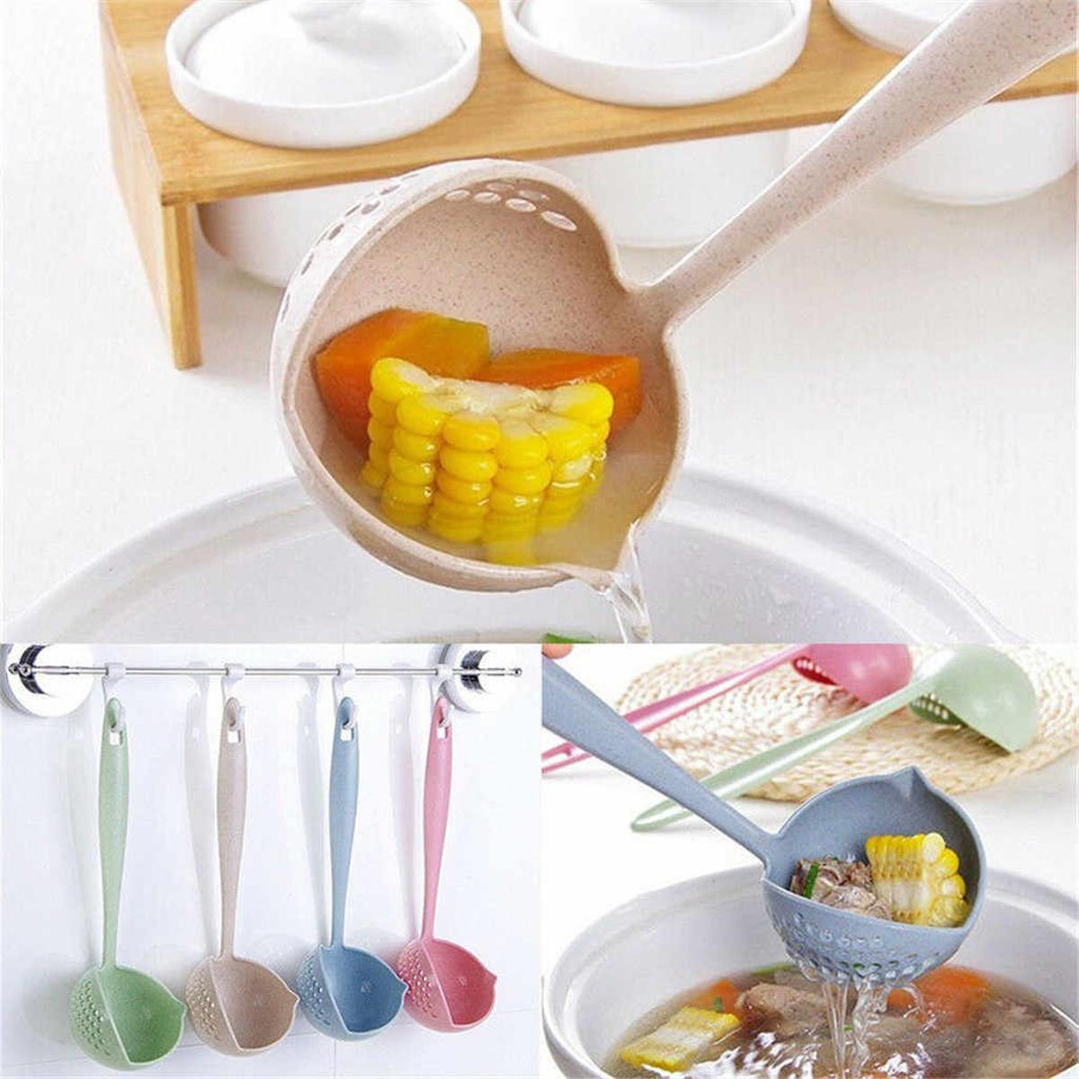 Random Color 2in1 Long Handle Soup Spoon & Colander Strainer, Wheat Straw Soup C