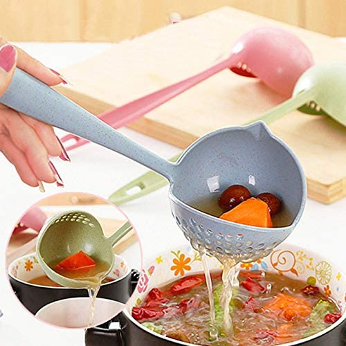 Random Color 2in1 Long Handle Soup Spoon & Colander Strainer, Wheat Straw Soup C