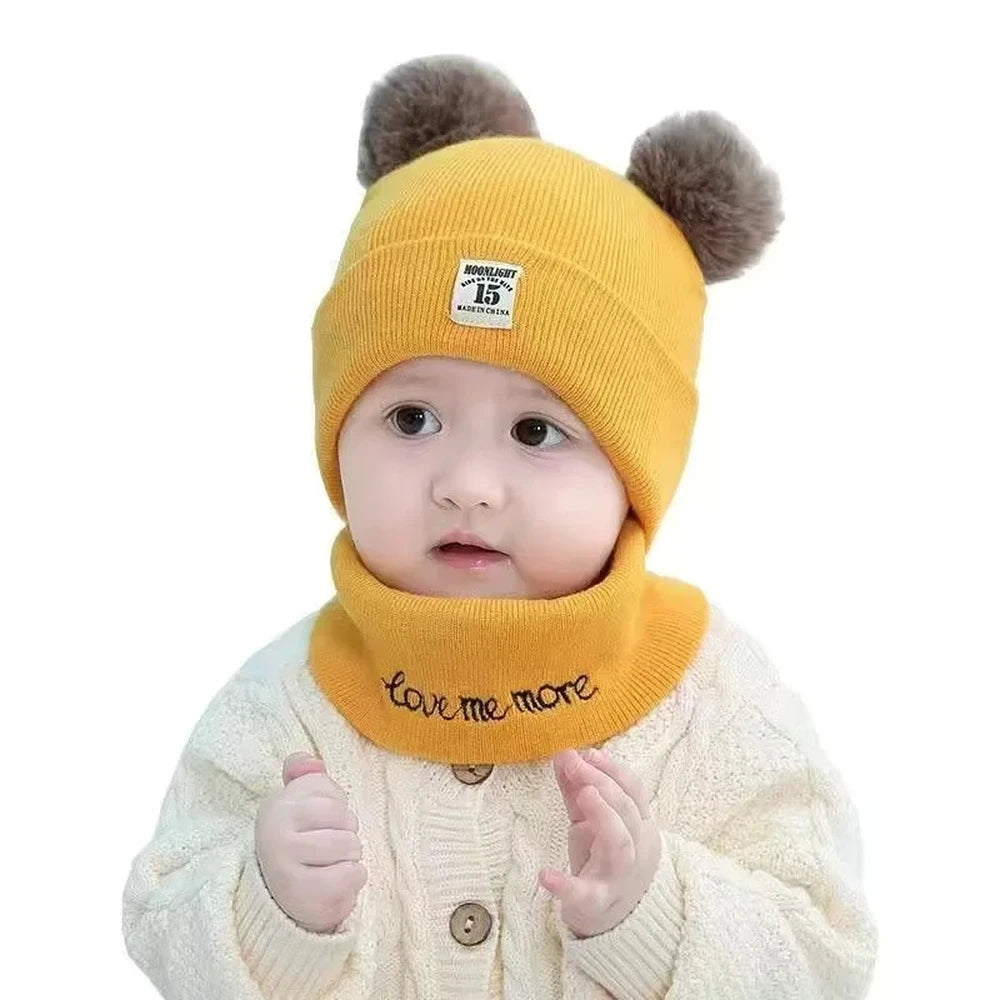 Baby Hat Scarf Set Embroidery Double pompom kid knitted Autumn Winter Neck Gaite