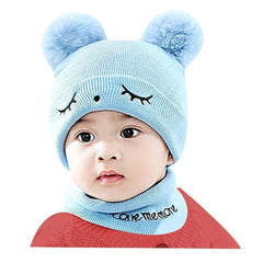 Baby Hat Scarf Set Embroidery Double pompom kid knitted Autumn Winter Neck Gaite