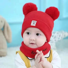 Baby Hat Scarf Set Embroidery Double pompom kid knitted Autumn Winter Neck Gaite