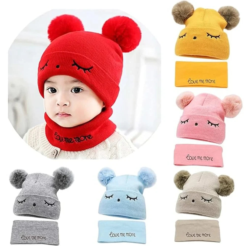 Baby Hat Scarf Set Embroidery Double pompom kid knitted Autumn Winter Neck Gaite