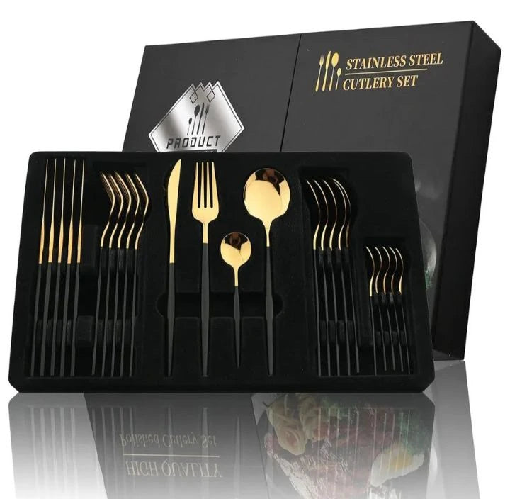 Luxury Techmanistan 24 Pieces Stainless Steel Golden Cutlery Set, Polished Cutle