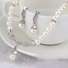 Creative Silver Color Necklace 1Pair Earrings Wedding Bridal Pearl Jewelry Set F